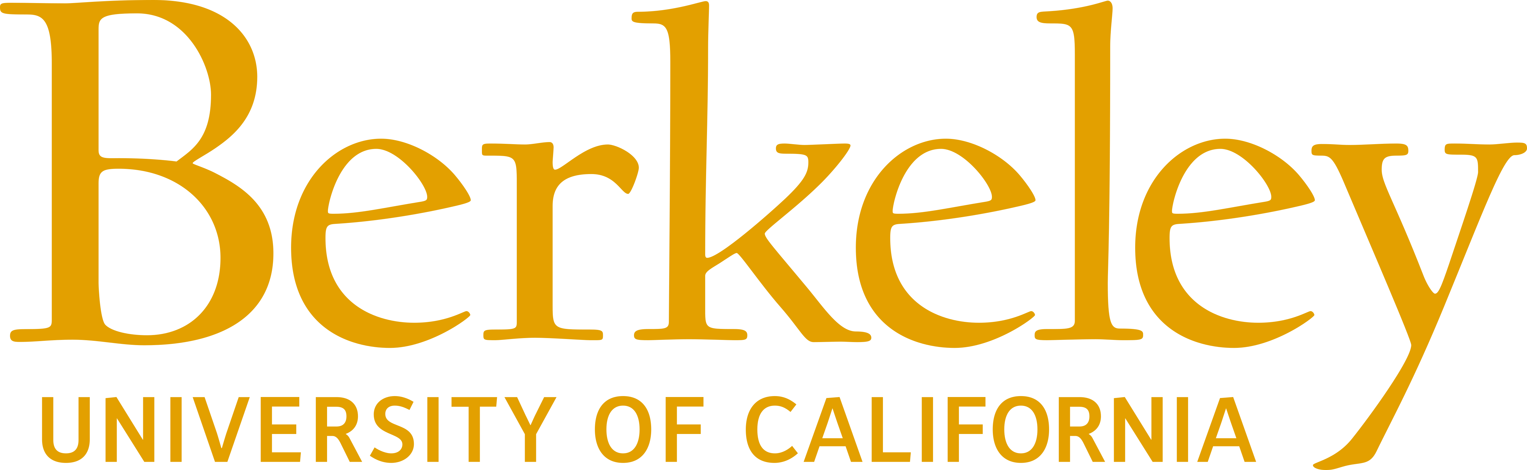 Текстовый логотип Berkeley University of California золотого цвета на прозрачном фоне.