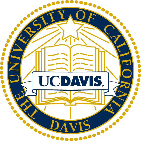 Печать University of California, Davis: книга, звезда, лучи и лента с надписью UC Davis.