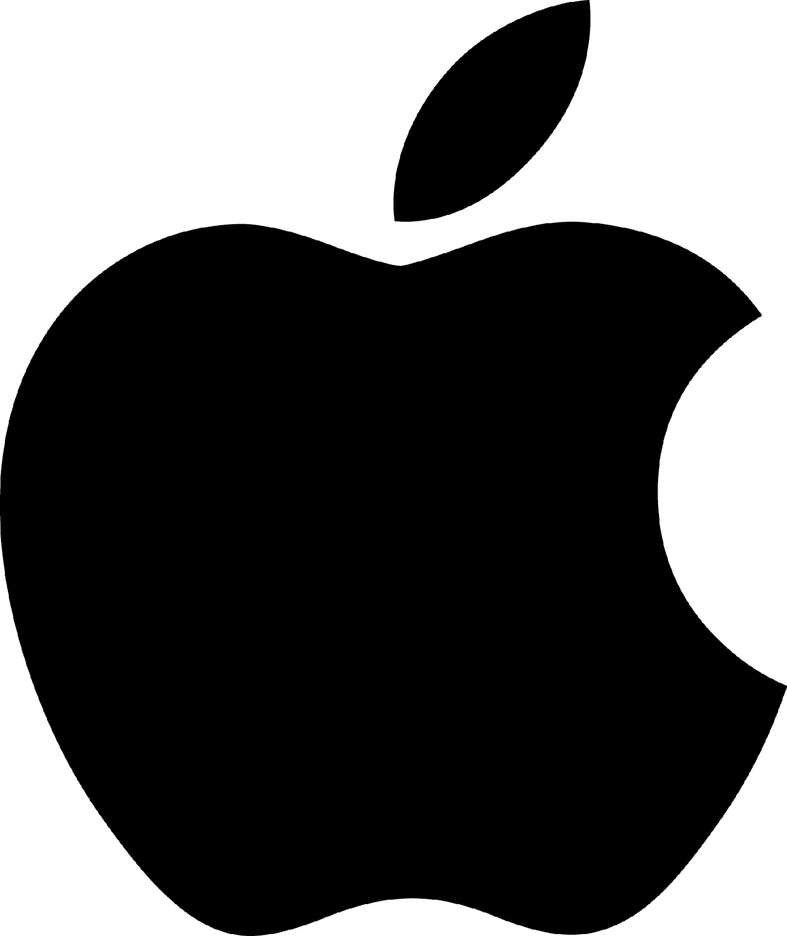 Черный силуэт логотипа Apple Inc.: яблоко с откусанным правым боком и листом сверху.