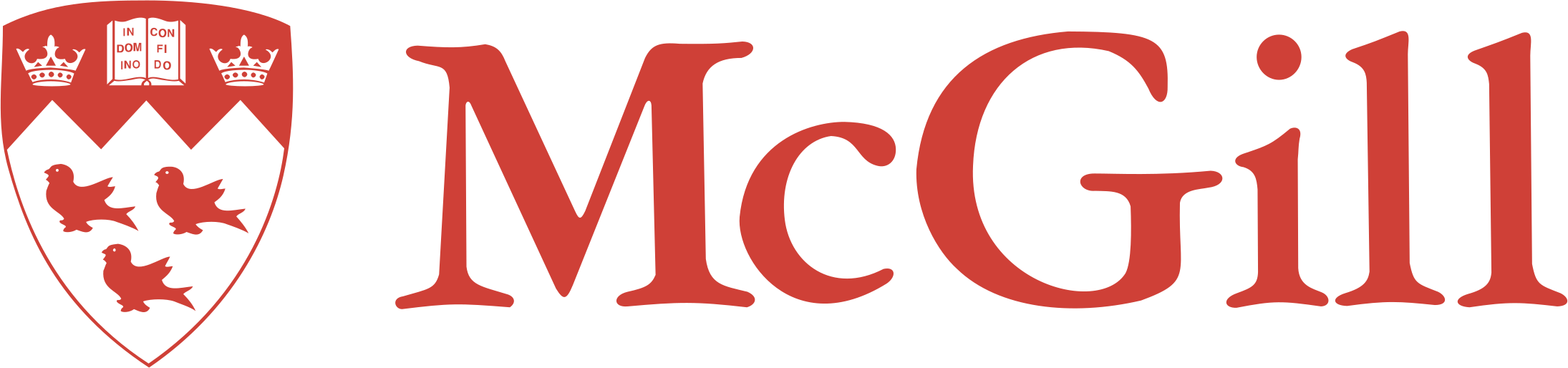 Логотип McGill University: щит с тремя красными птицами, двумя коронами и раскрытой книгой.