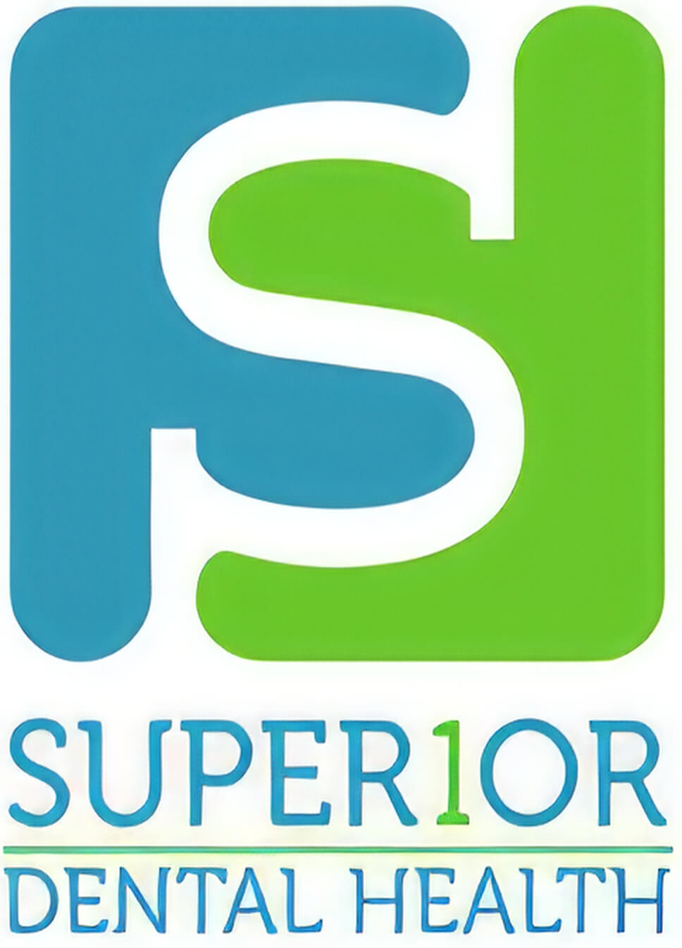 Логотип с синими и зелеными стилизованными буквами S и J над текстом 'SUPER1OR DENTAL HEALTH'.