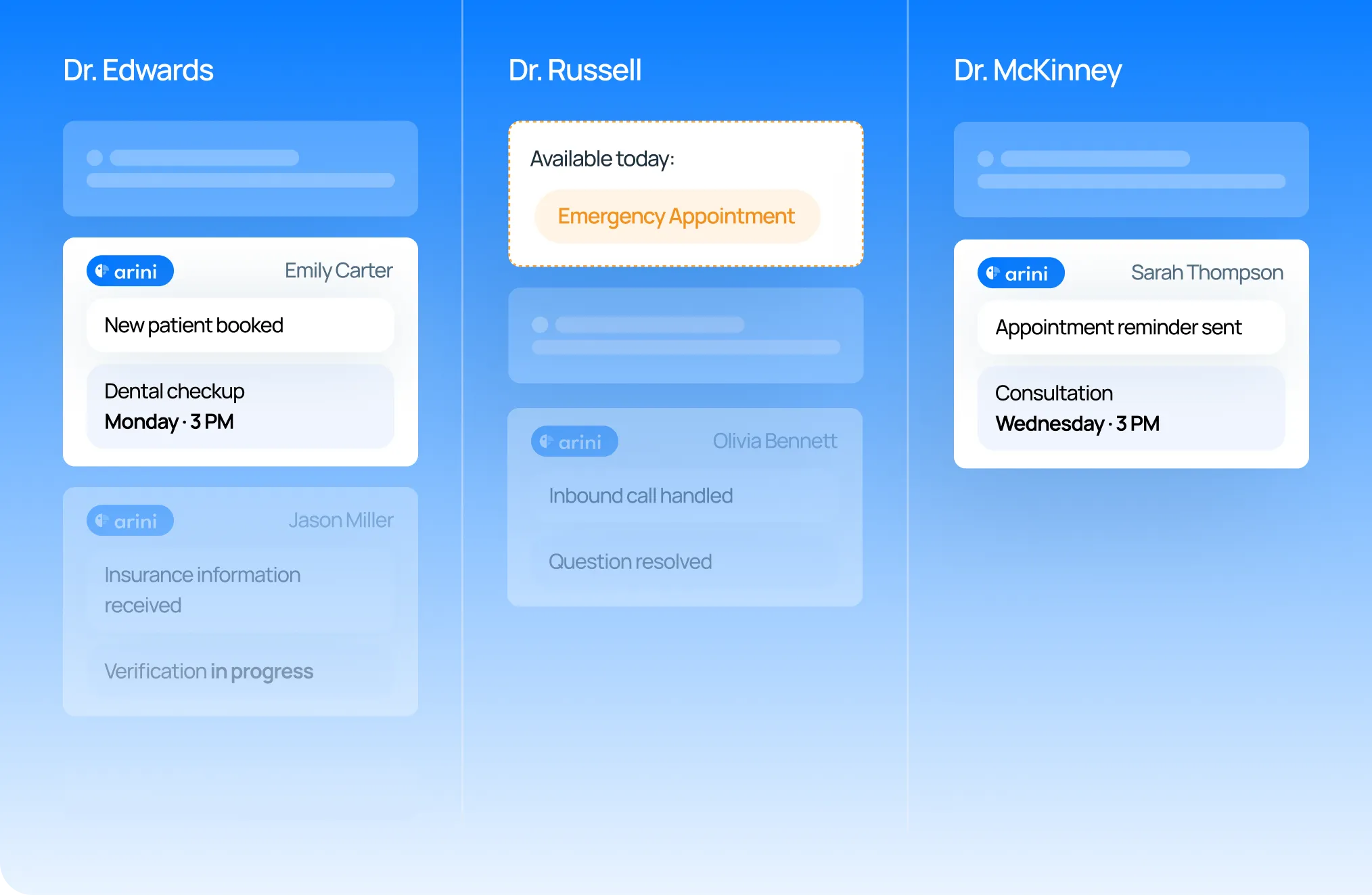 Дашборд с обновлениями по приемам и задачам для Dr. Edwards, Dr. Russell и Dr. McKinney.